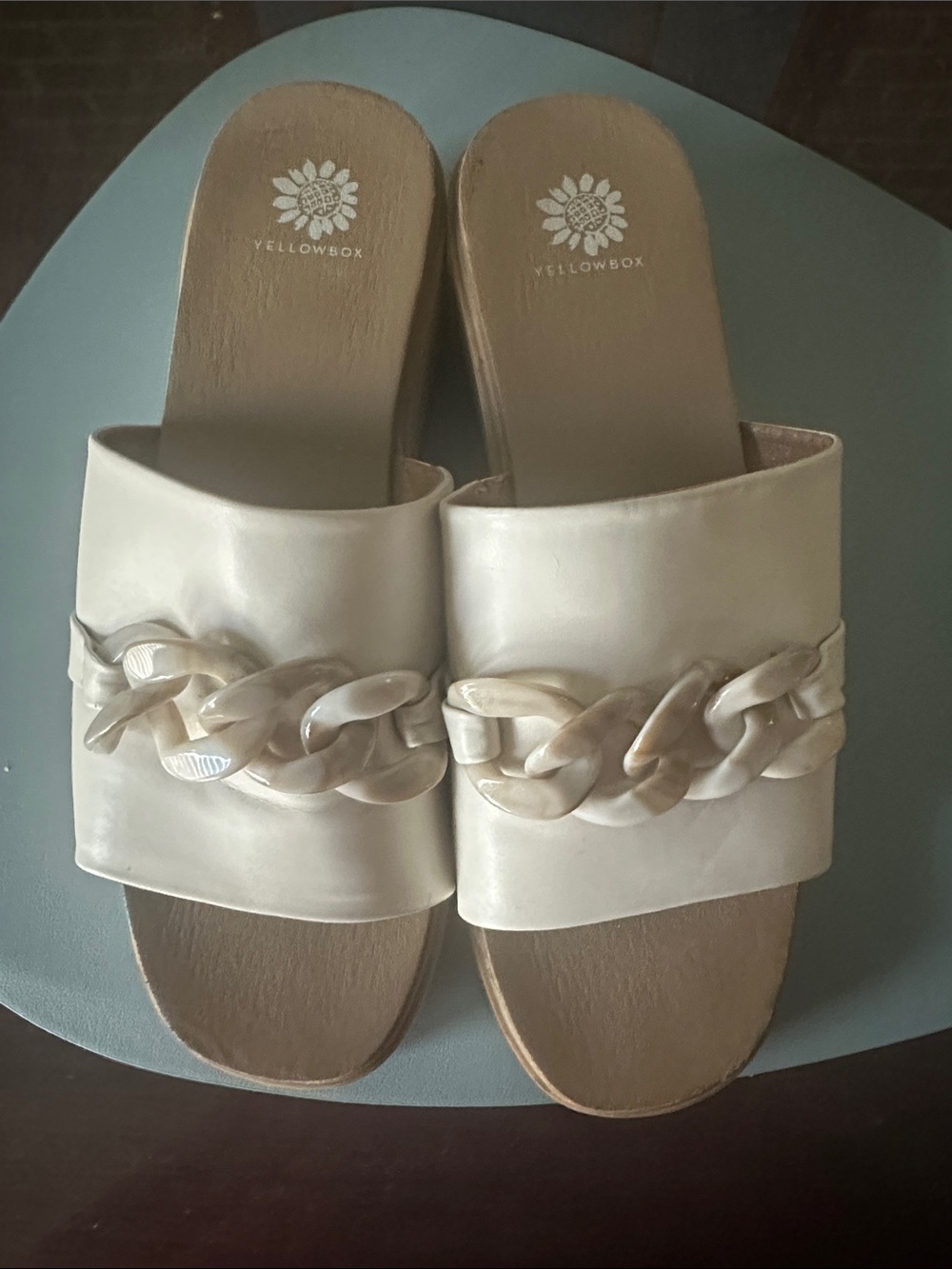 Yellow Box Ivory Slide Wedges with Chain Accent